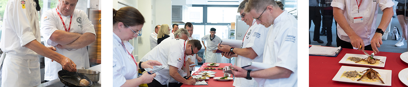 trio of photos from the intercollege hospitality competition show judges looking at the work done