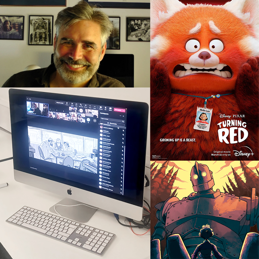 Collage showing computer monitor showing zoom meeting with illustration being shared on screen, headshot of Kevin, illustration of panda with text turning red, illustration of the iron giant