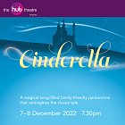 Cinderella written in script font. Silhouette of a castle against a night sky with a shooting star in the background