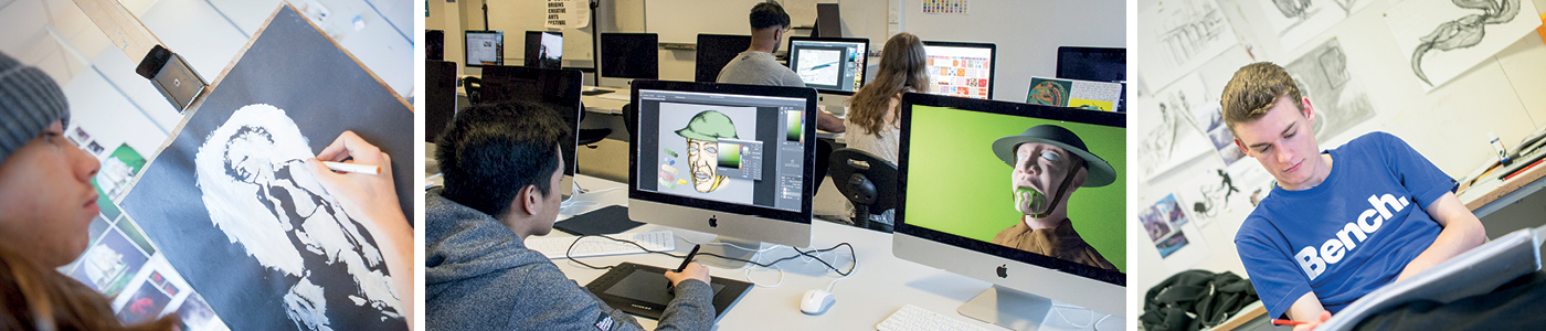 Collage showing students drawing and painting, and creating illustrations on Apple Mac computers