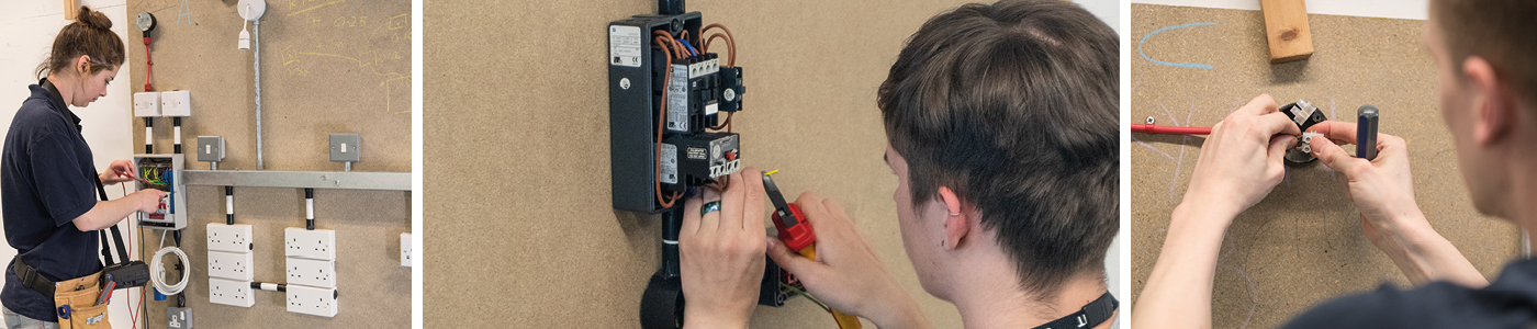 Collage showing students testing a wiring system, stipping a yellow wire to connecti it itno a fuse box and joining wires into a clip