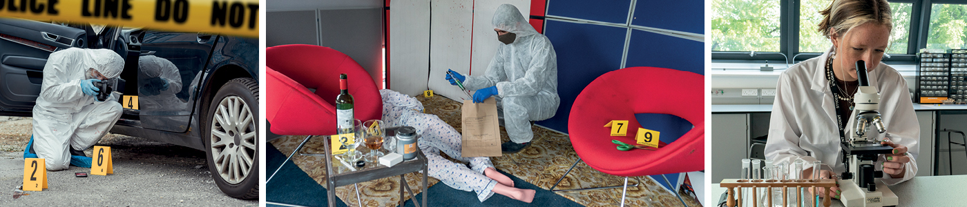 Collage showing students in full protective clothing including white suits, gloves and masks, gathering evidence at crime scenes using photography and putting items into evidence bags. Student in a lab coat looking through a microscope
