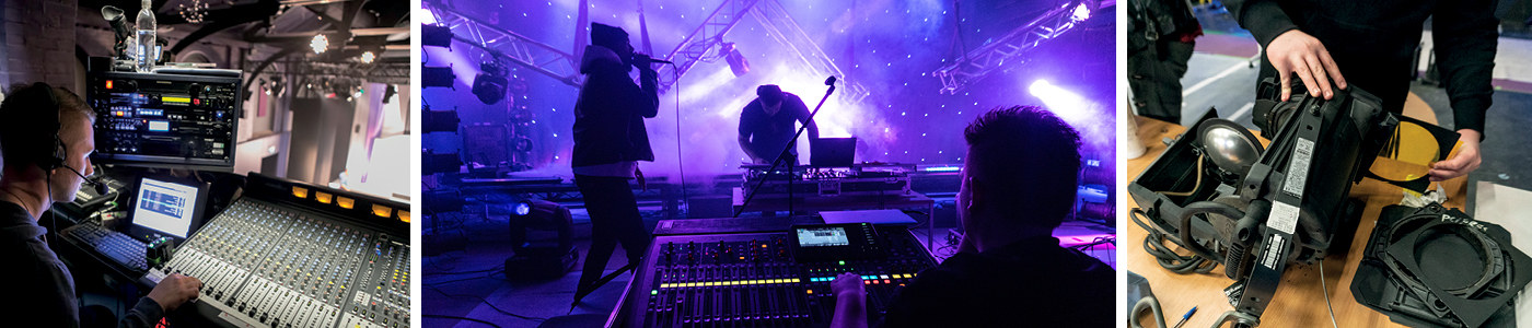 Collage showing student working on a lighting desk at the back of the theatre, student at a lighting desk while a DJ plays and someone sings into a hand held microphone, student takes apart and maintains a stage light