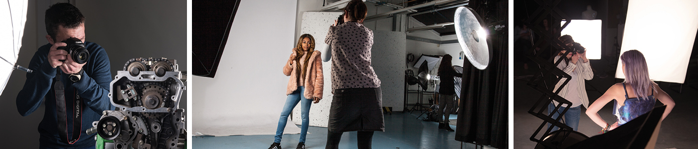 Collage showing students using SLR cameras photographing in the studio with lighting