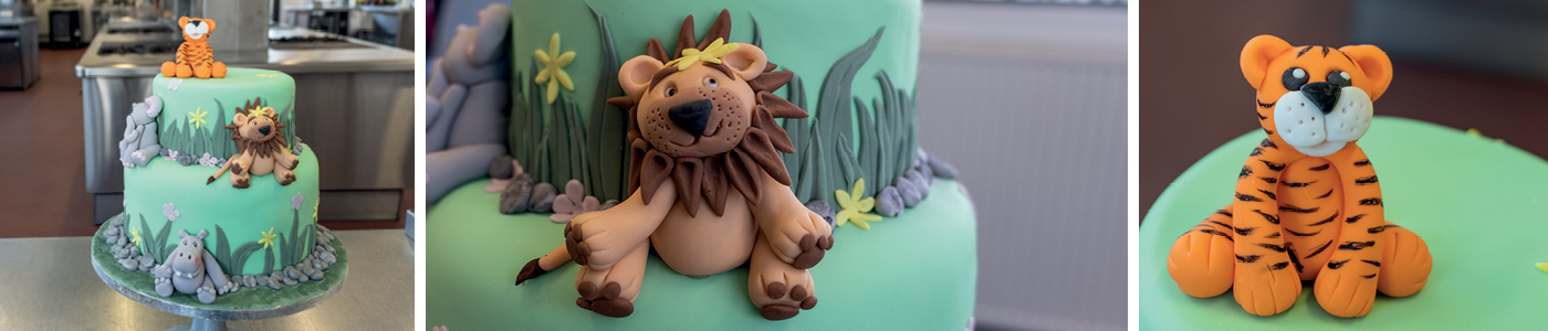 Collage showing a 2 tier cake iced in green with grass decorations and jungle animals made of icing including close ups of details