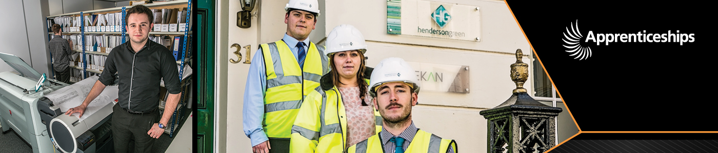 Collage showing students in an office with a large format printer printing out building plans and 3 apprentices in hard hats and hi-vis waistcoats standing outside an office. Apprenticeship logo