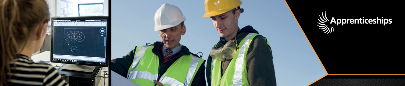 Collage showing an apprentice working on a technical CAD drawing on a computer and 2 people wearing hard hats and hi-vis waistcoats outdoors. Apprenticeship logo
