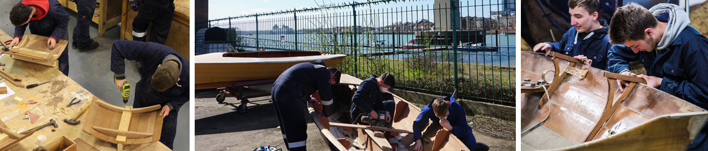 Collage showing students in protective clothing building a section of wooden hull on a work bench, fixing a wooden boat and sanding down a boat outside with the river in the background