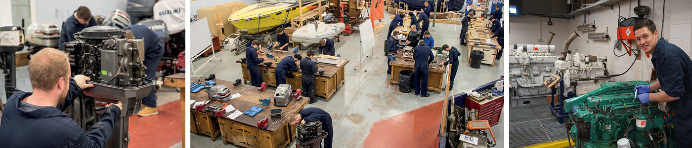 Collage showing a student working on an outboard engine, an overhead view of the large workshop and a student working on a large boat engine in a smaller workshop with other large engines in the background