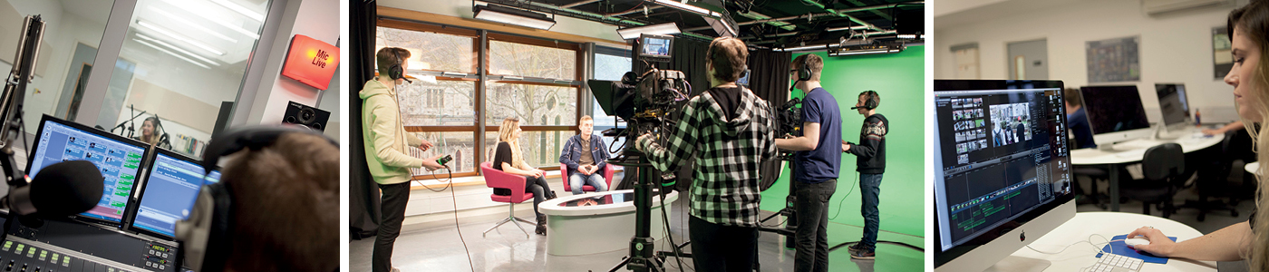 Collage showing students working in the radio studio, using large TV cameras in the studio and the Mac video editing suite