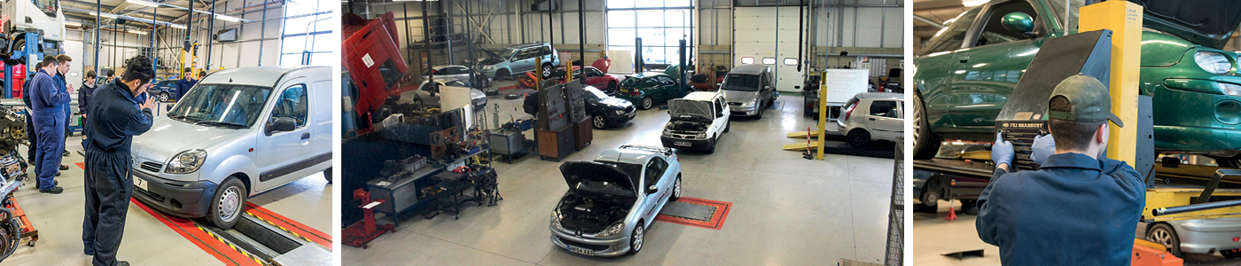 Collage showing students working with in various parts of the large motor vehicle workshop