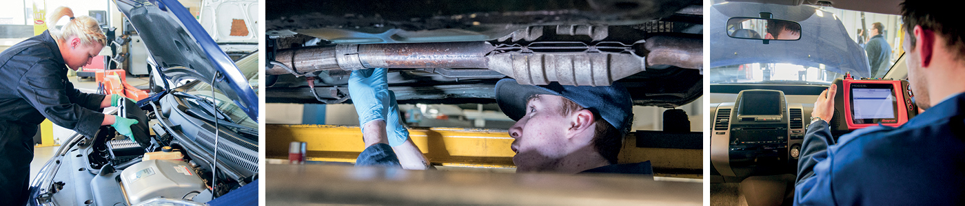 Collage showing students in overalls removing a cover from under the bonnet of a car, working on the exhaust pipe under a car and sat inside a car using diagnostic equipment