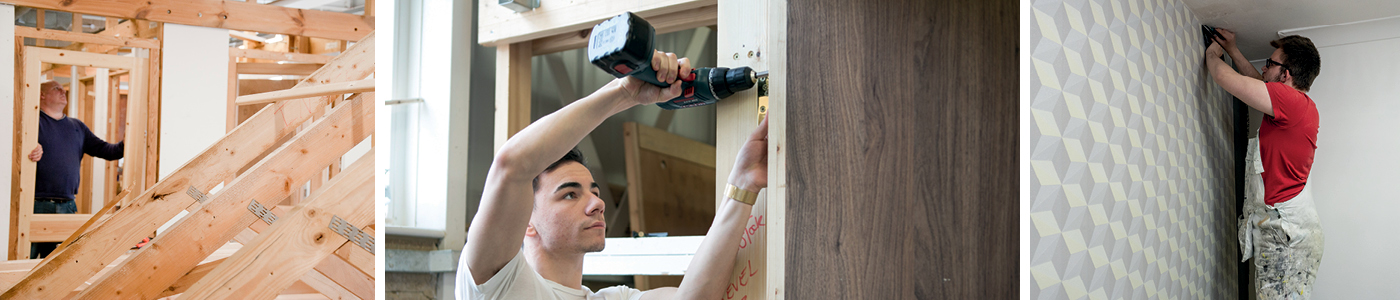 Collage showing students working on a wooden structure, working with an electric screwdriver on a door frame and hanging wallpaper