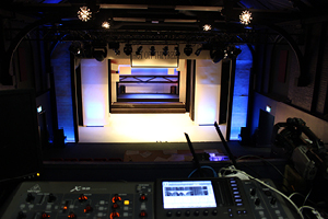 Lighting desks at the back of the theatre with auditorium and stage in the background