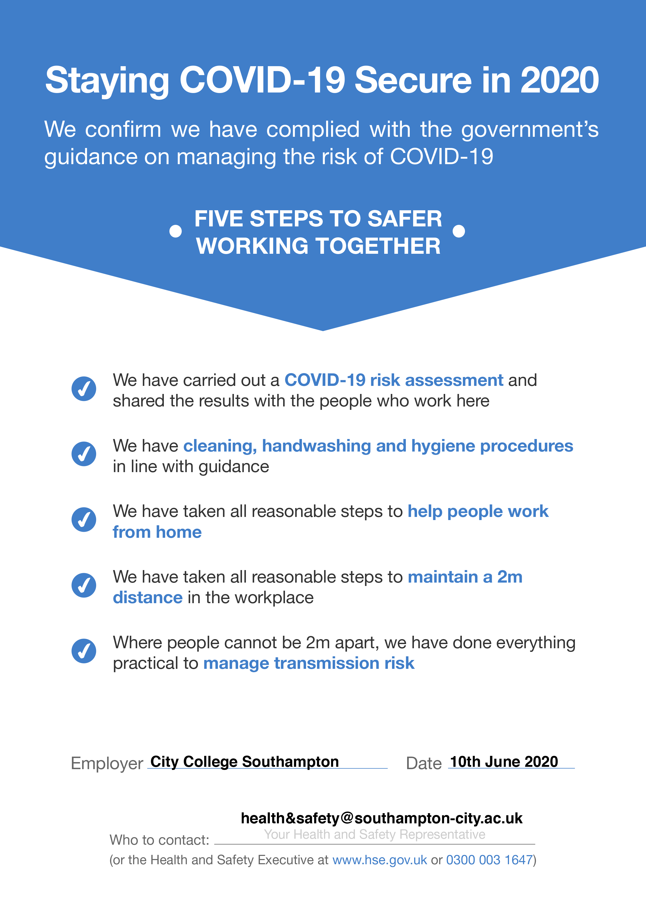 Staying Covid-19 secure statement
