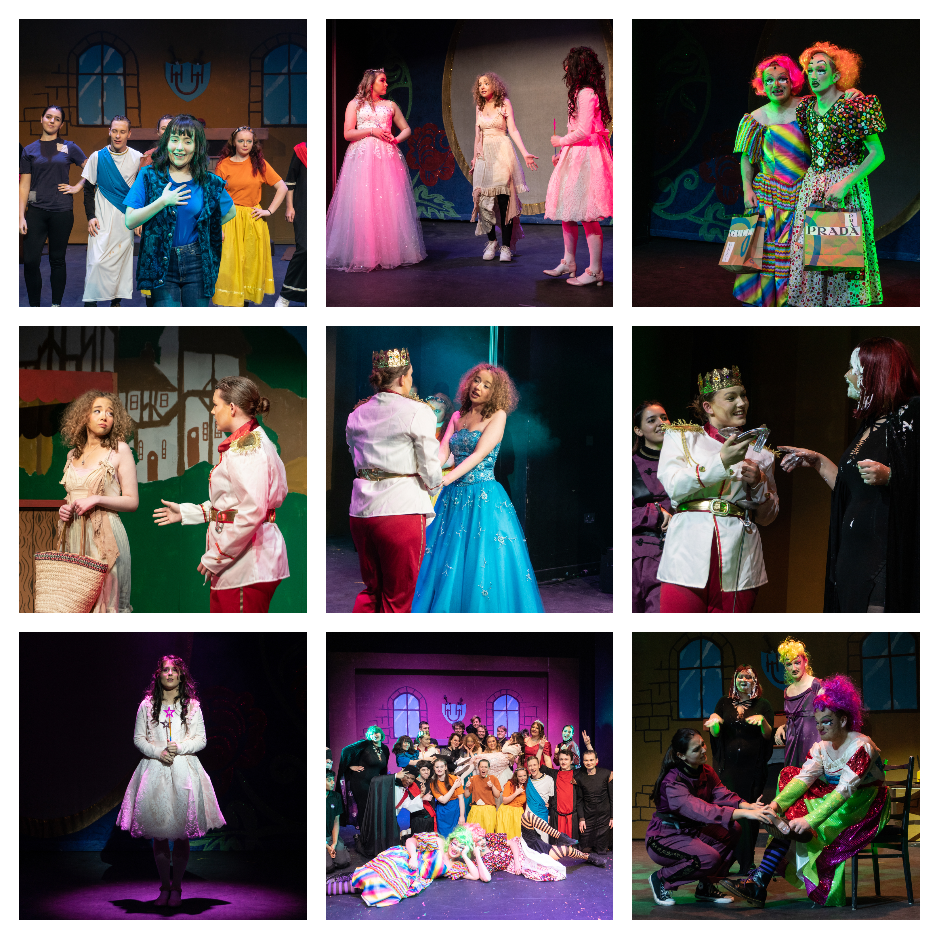 Collage of images from the show, including Cinderella with the fairy godmother, a group dance routine, Cinderella in her rags talking to the prince and a group photo of the full cast in costume